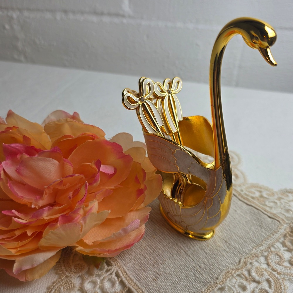 Gold Tone Swan Base 6 Bow Rhinestone Spoon Set Enamel Glam Coffee Spoons